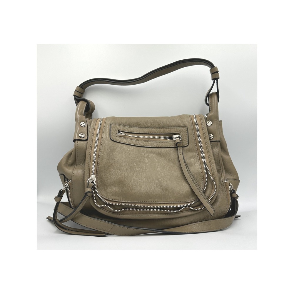 Joelle Hawkens Swallow Taupe Cowhide Leather Shoulder / Crossbody Bag Silver Zip